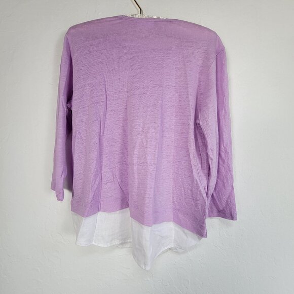 J. Jill Love Linen Womens Lilac White 3/4 Sleeve Top Small Petite Side-Button - Picture 2 of 8